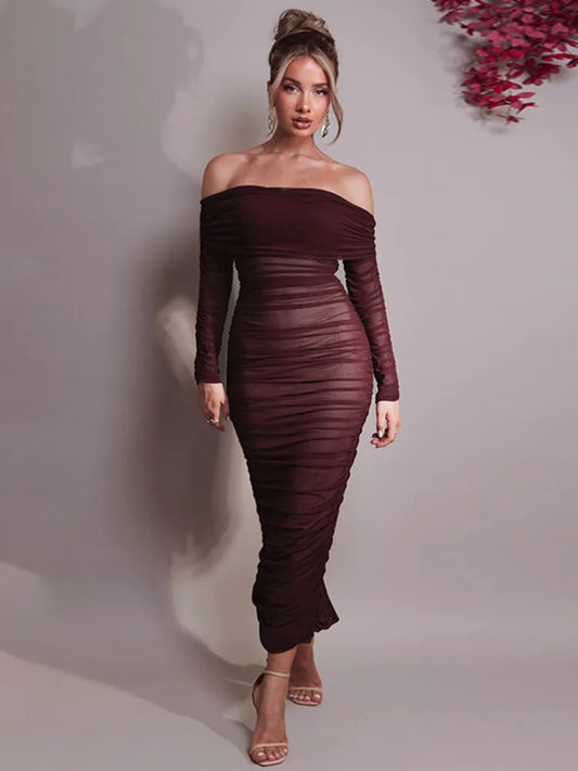 Off-shoulder long sleeve maxi dress