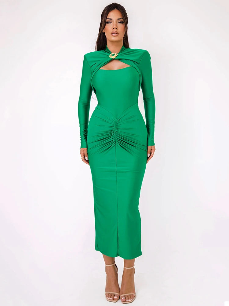 Long Sleeve maxi dress For Women Gown Autumn Winter New Metal Buckle Ruched Slit Long Dress Elegant