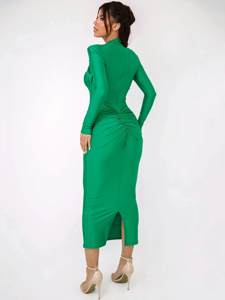 Long Sleeve maxi dress For Women Gown Autumn Winter New Metal Buckle Ruched Slit Long Dress Elegant