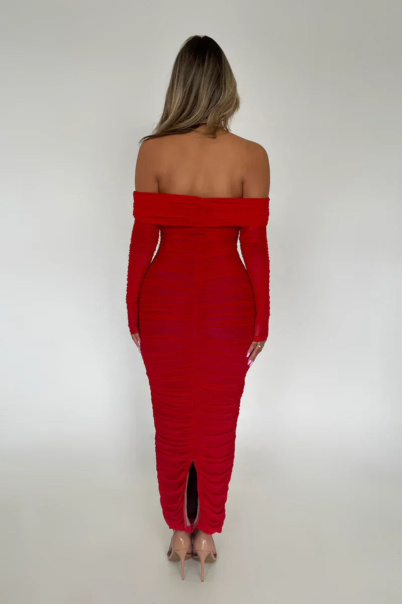 Off-shoulder long sleeve maxi dress